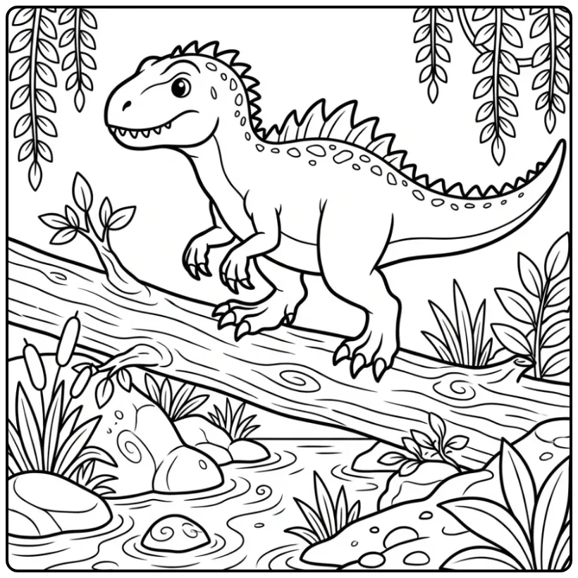 Een avontuurlijke scorpius rex kleurplaat op een boomstam.