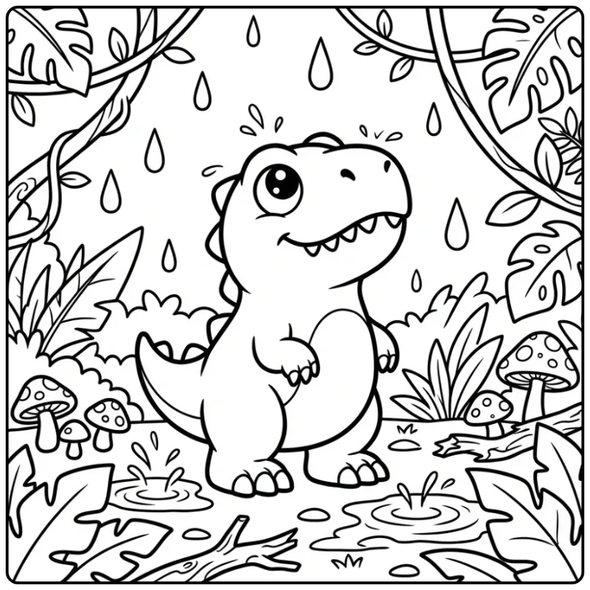 Leuke scorpius rex kleurplaat in een regenachtig bos