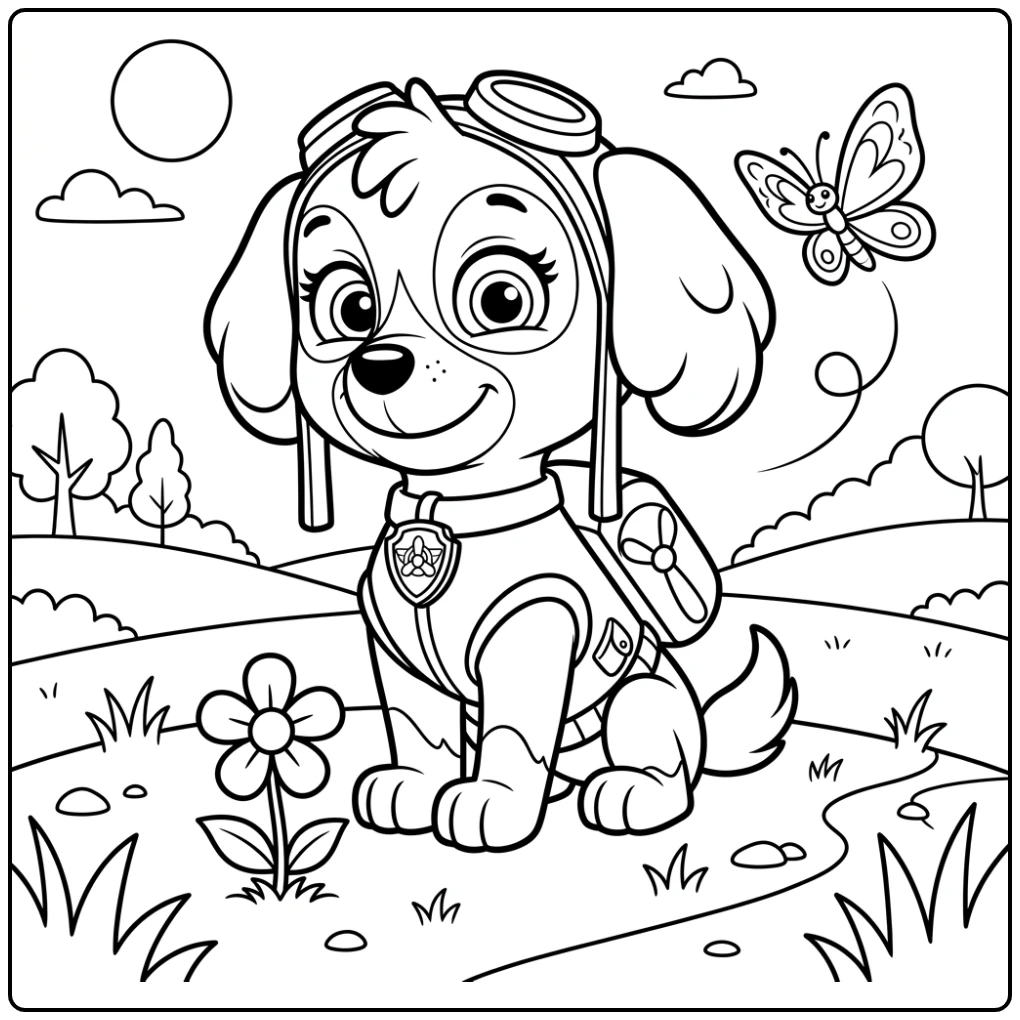 Skye zit met bloem en vlinder, een paw patrol kleurplaat makkelijk
