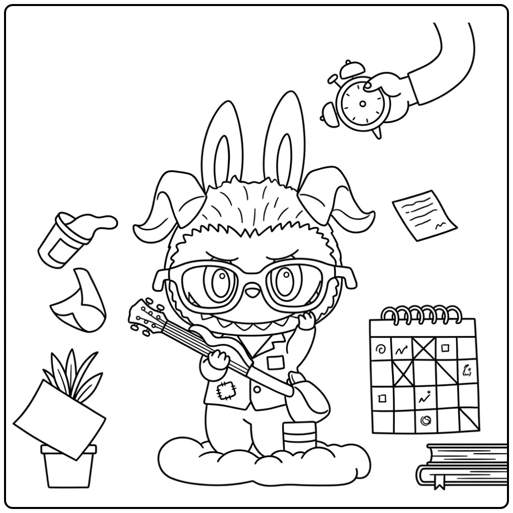 Steenbok kleurplaat van een werkend diertje met een gitaar.
