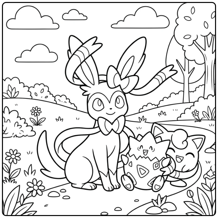 Speelse sylveon kleurplaat met vrienden in het park onder wolken.