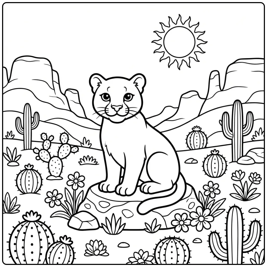 Een vrolijke cartoon puma kleurplaat tussen cactussen.