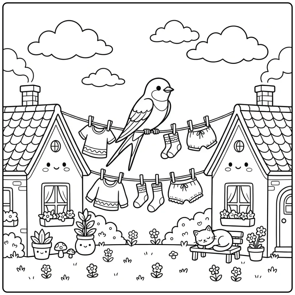 Zwaluw kleurplaat zittend op een waslijn in het dorp.