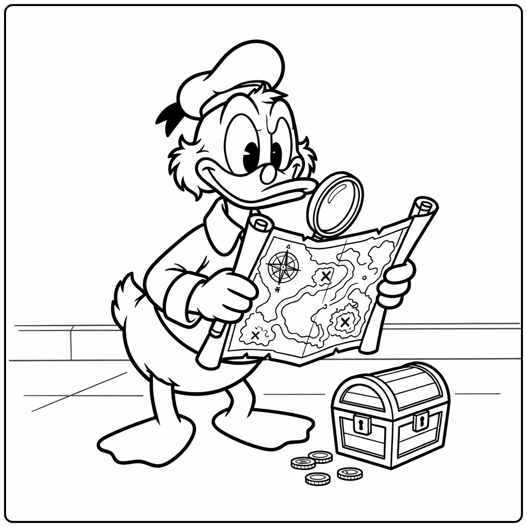 kleurplaat dagobert duck: Dagobert onderzoekt schatkaart met loep.
