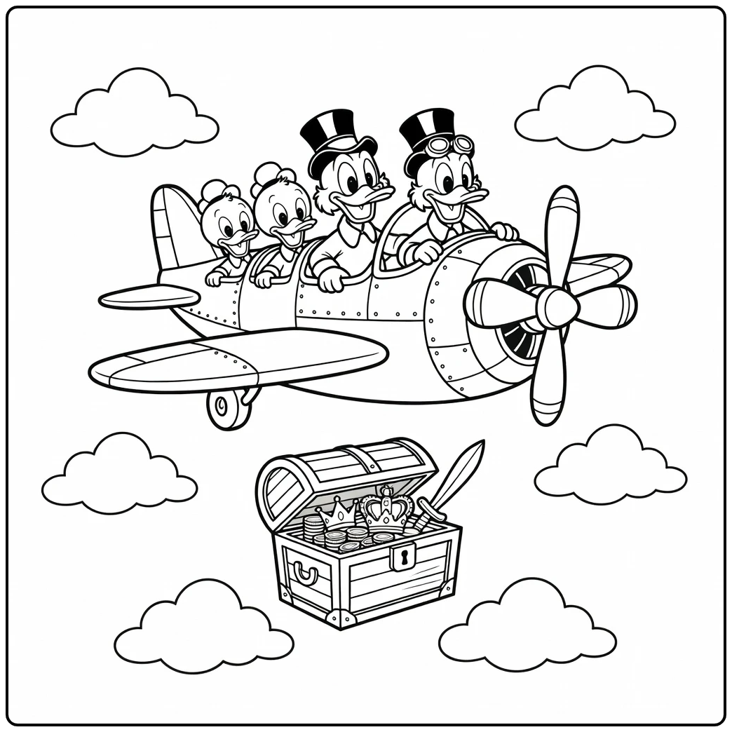 Ducktales avontuur: kleurplaat ducktales met vliegtuig en schat