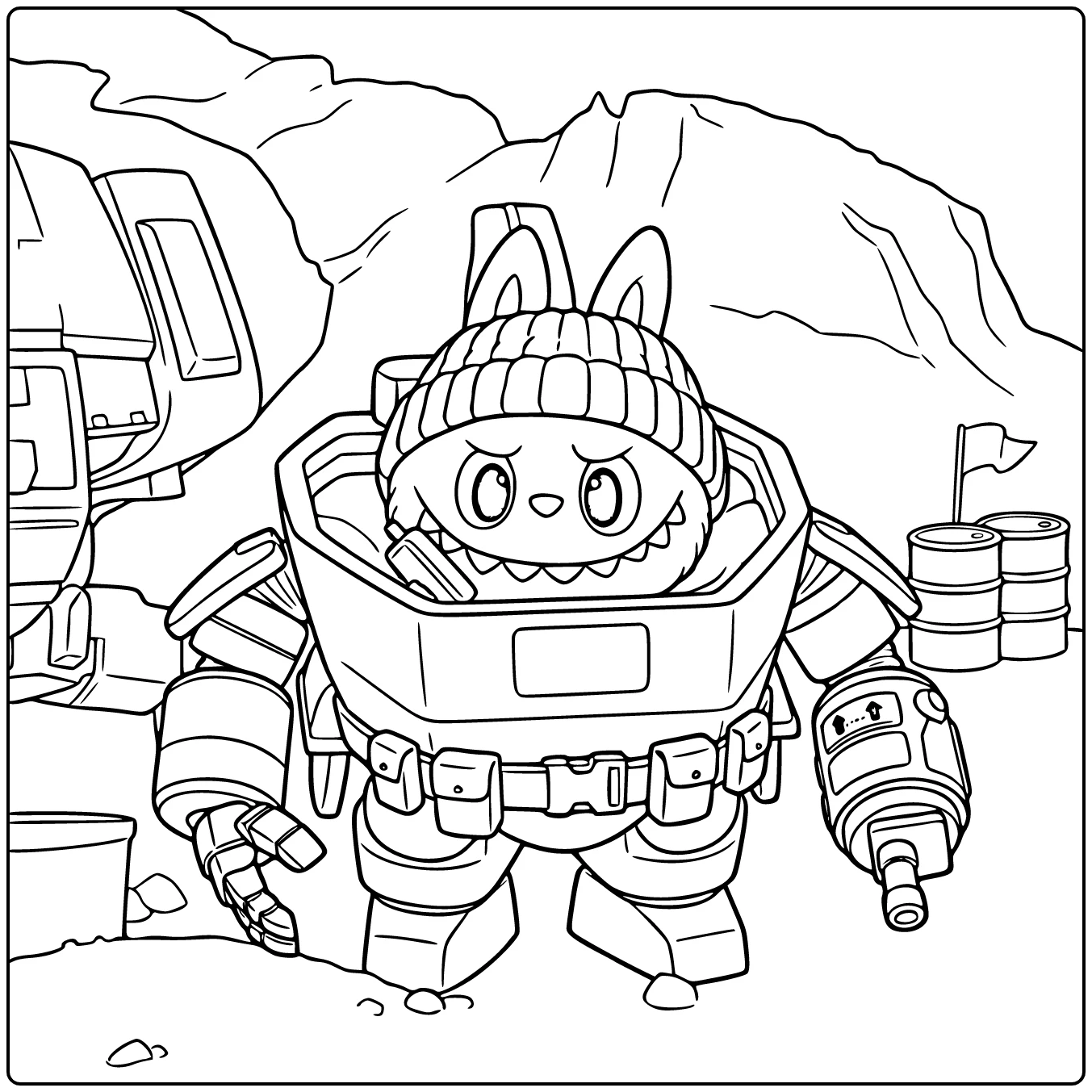 Kleurplaat van konijn-karakter in robotpak bij schemering.