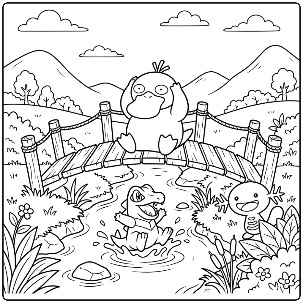 Leuke psyduck kleurplaat met Psyduck op een brug en water Pokémon.