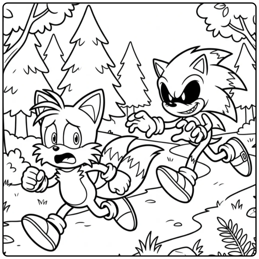 Spannende sonic exe kleurplaat: Sonic.exe jaagt op de bange Tails