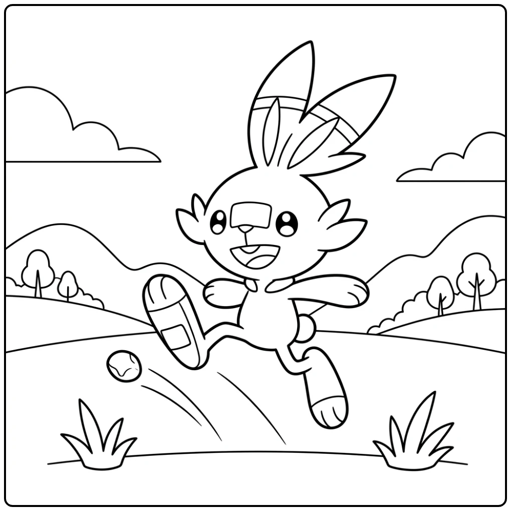 Lachende Scorbunny springt en trapt kiezel. pokemon kleurplaat makkelijk