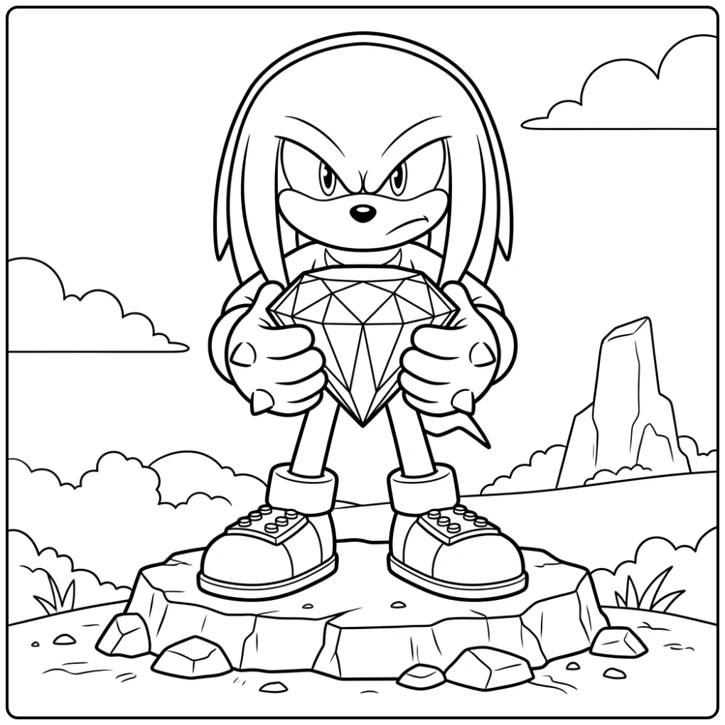 Knuckles kleurplaat met Knuckles die de Meester Emerald vasthoudt.