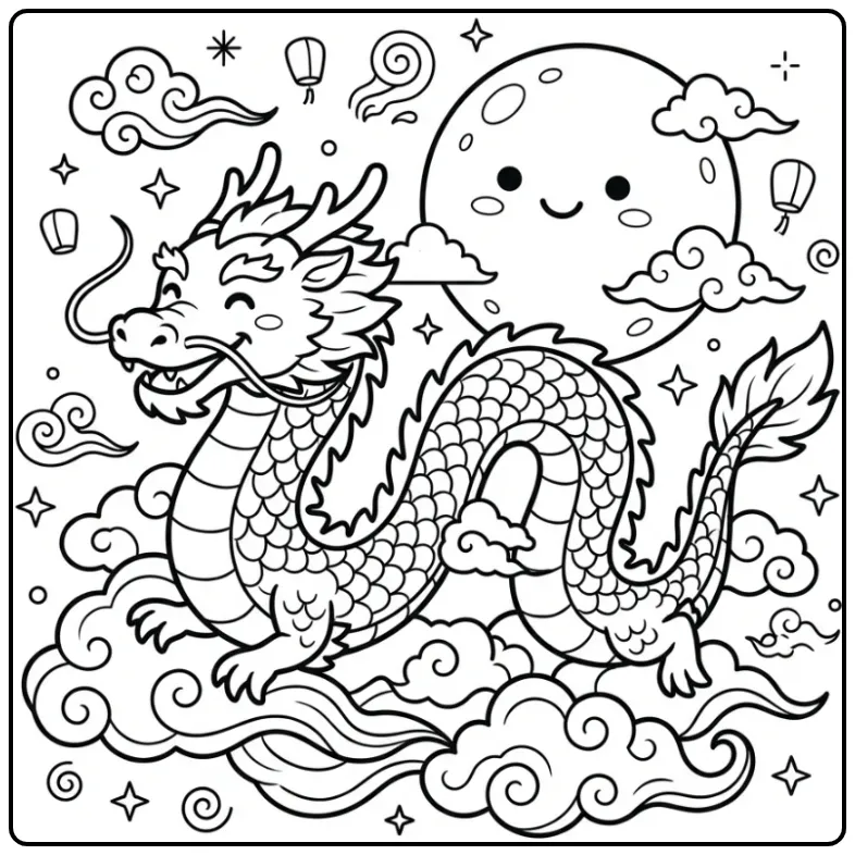 Vliegende chinese draak kleurplaat met maan en wolken.
