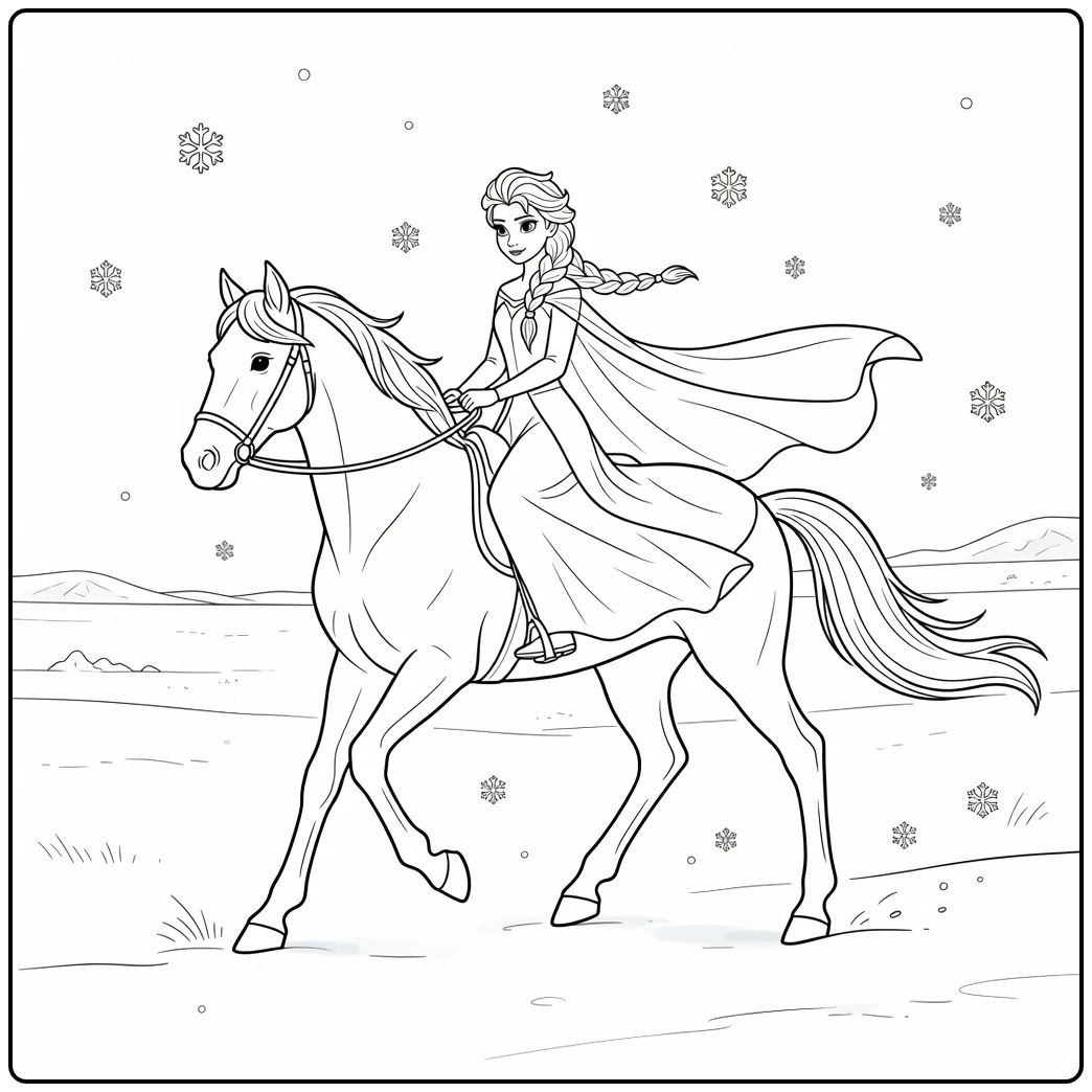 Magische kleurplaat elsa paard rijdend in een sneeuwveld.