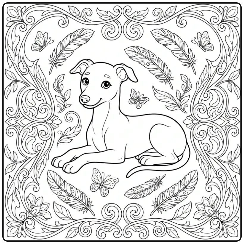 Elegante greyhound puppy kleurplaat volwassenen met bloemen.