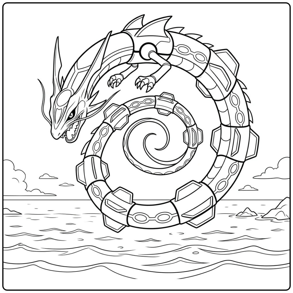 Majestueuze rayquaza kleurplaat boven kalme oceaan golven