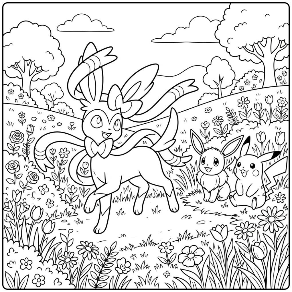 Dansende Sylveon kleurplaat met Eevee en Pikachu in bloemenweide