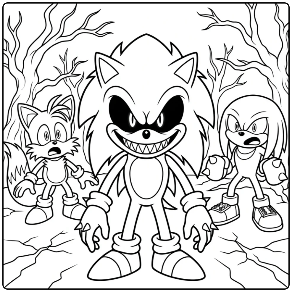 Sonic Exe kleurplaat: griezelige Sonic met geschokte Tails en Knuckles.