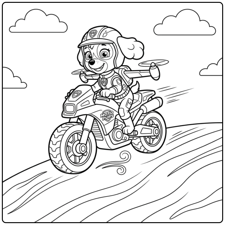 Skye rijdt op motor op heuvel; patrol moto pups paw patrol moto pups kleurplaat