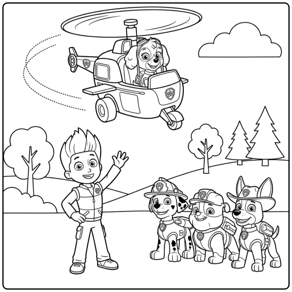 Skye vliegt rond terwijl Ryder zwaait; skye paw patrol kleurplaat.