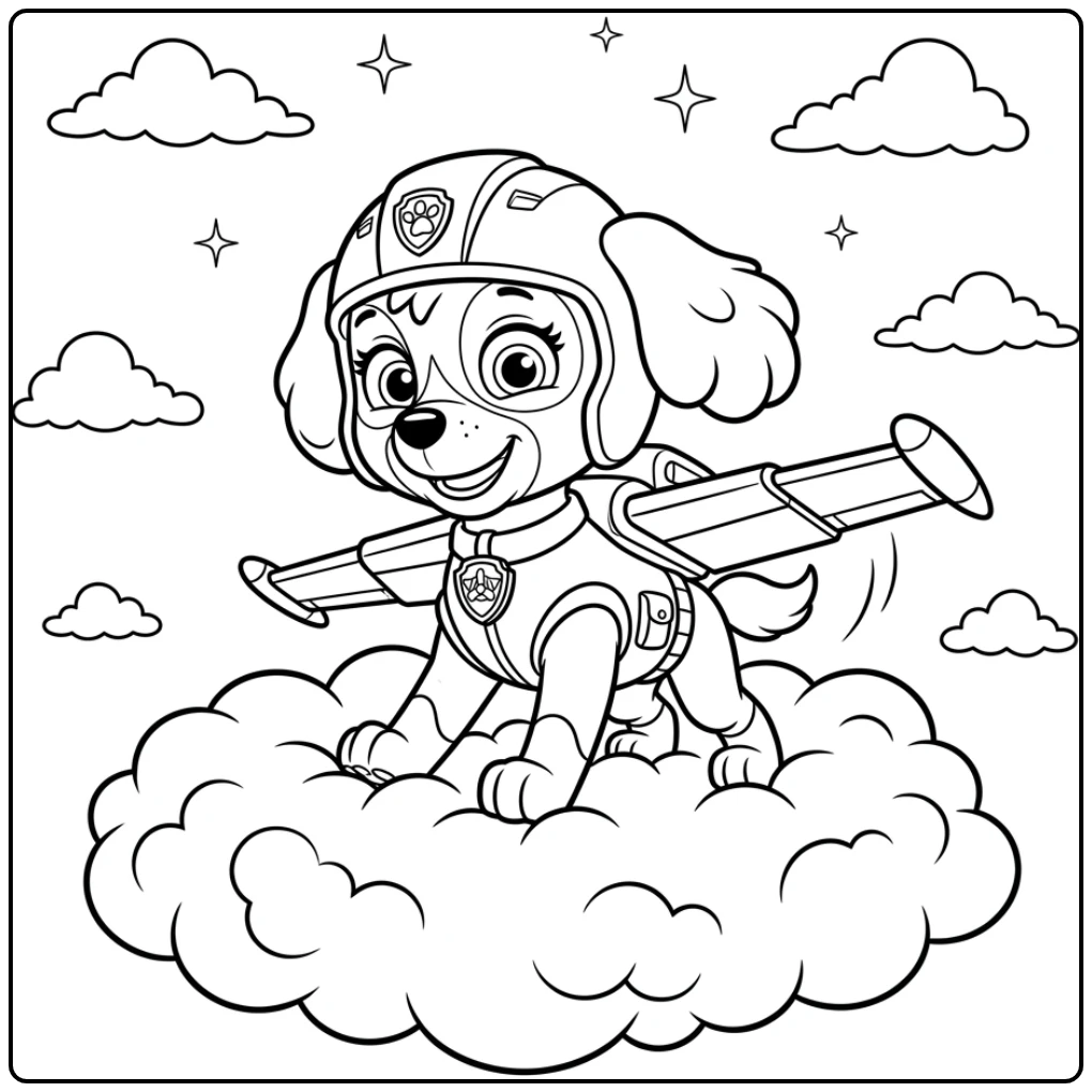 Skye Paw Patrol kleurplaat: Skye landt zachtjes op een pluizige wolk.