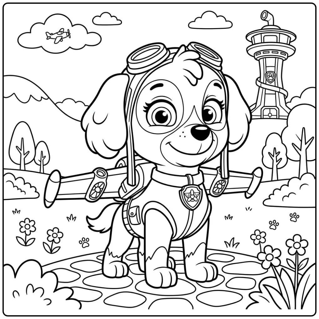 Skye Paw Patrol kleurplaat: Trots staande met pilotenbril en jetpack.