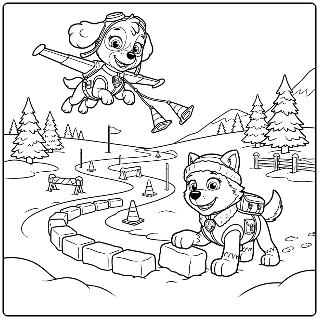 Skye en Everest oefenen, een leuke skye paw patrol kleurplaat.