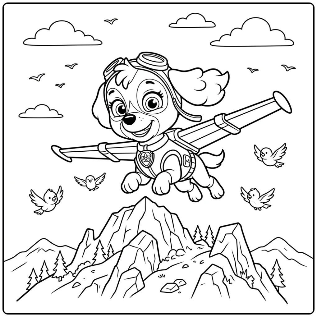 Skye Paw Patrol kleurplaat: Skye zweeft vrolijk boven een berg.