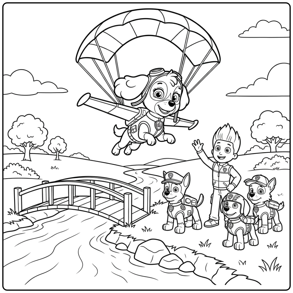 Skye Paw Patrol kleurplaat: Skye zweeft boven Ryder en team.