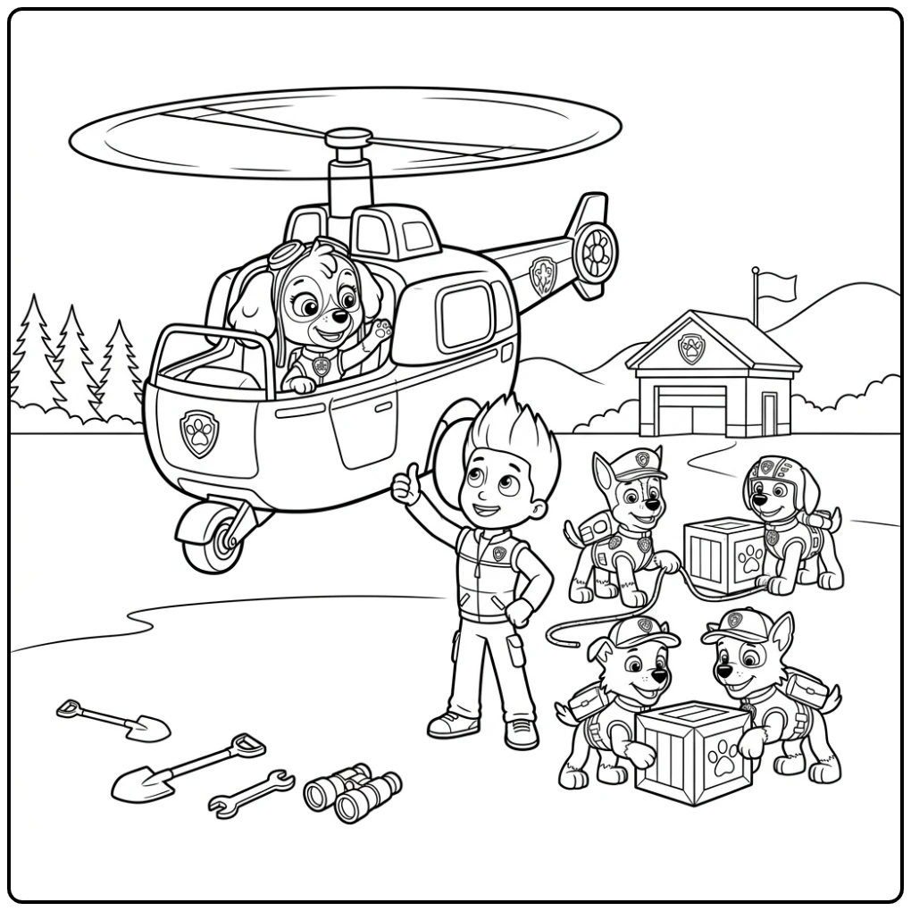 Nieuwe skye paw patrol kleurplaat: Skye en Ryder op een reddingsmissie.