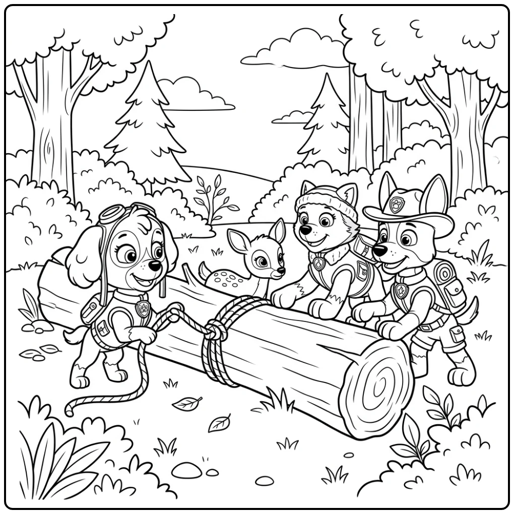 Skye Paw Patrol kleurplaat: Skye, Everest en Tracker redden hertje