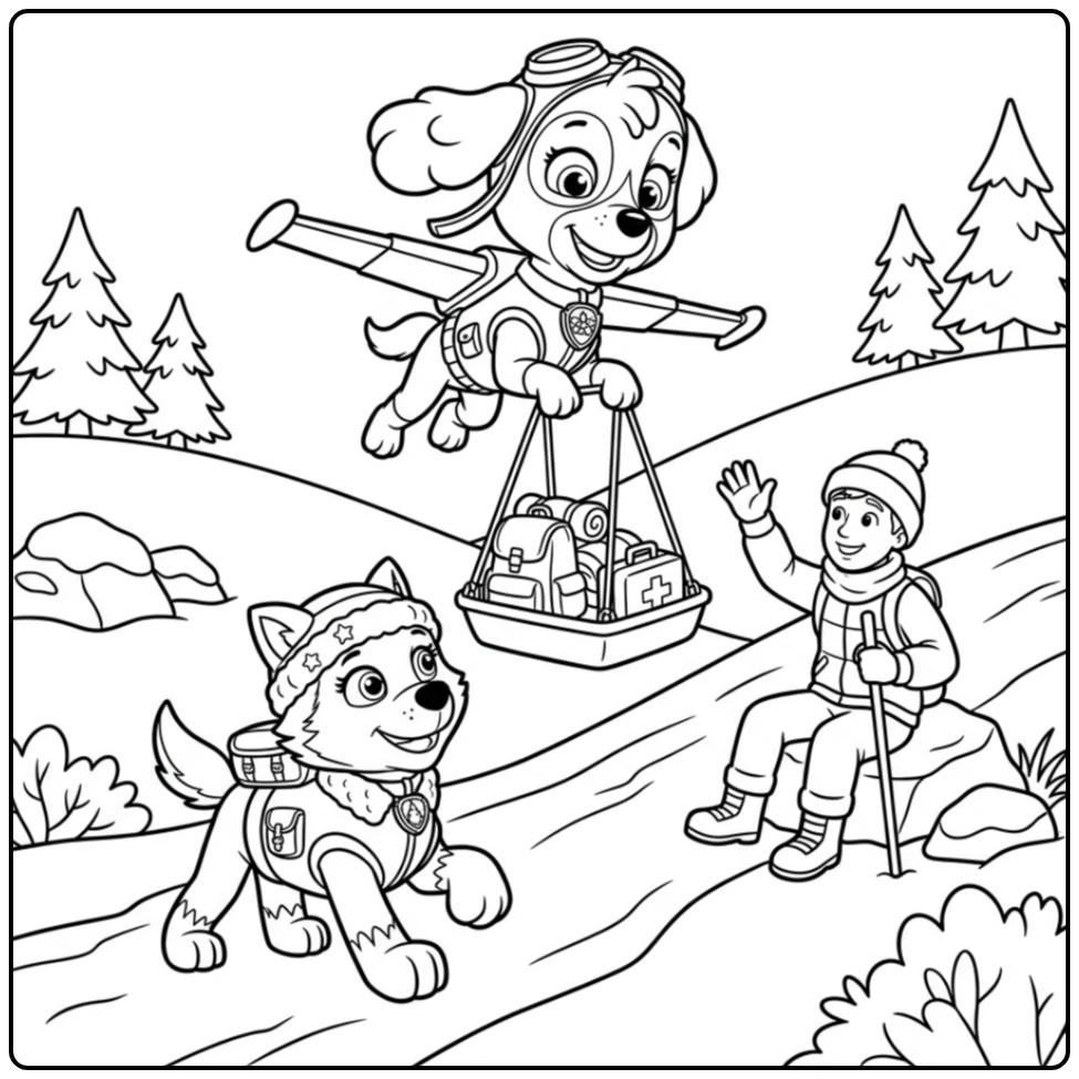 Skye Paw Patrol kleurplaat: Skye en Everest redden hiker in sneeuw.