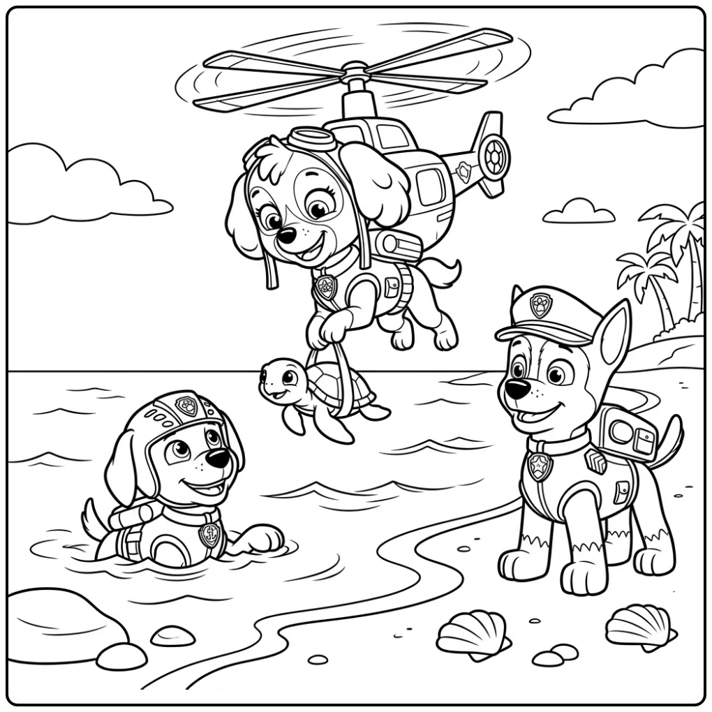 Skye paw patrol kleurplaat: Skye redt schildpad, Zuma zwemt, Chase kijkt.