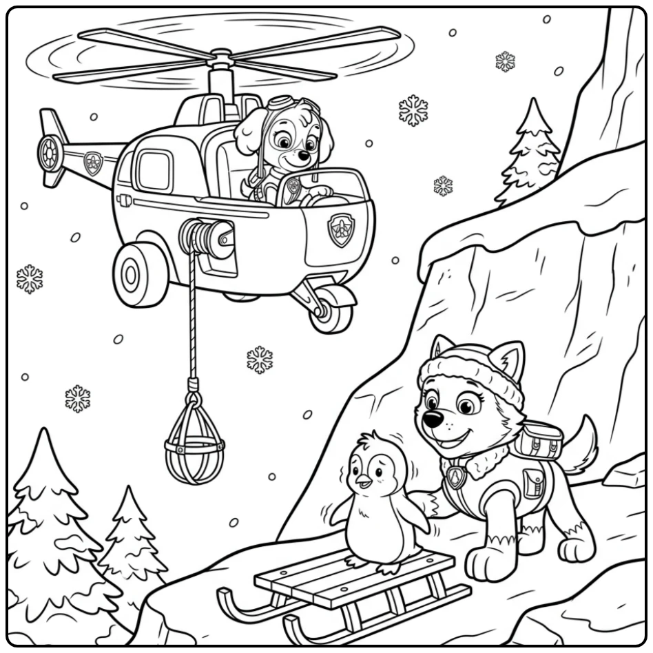 Skye paw patrol kleurplaat: Skye redt vanuit heli, Everest helpt dier.