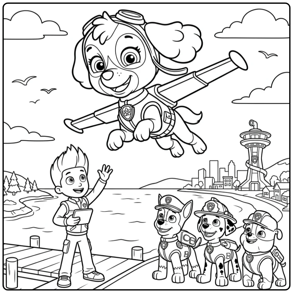 Skye Paw Patrol kleurplaat van vliegende Skye boven Adventure Bay