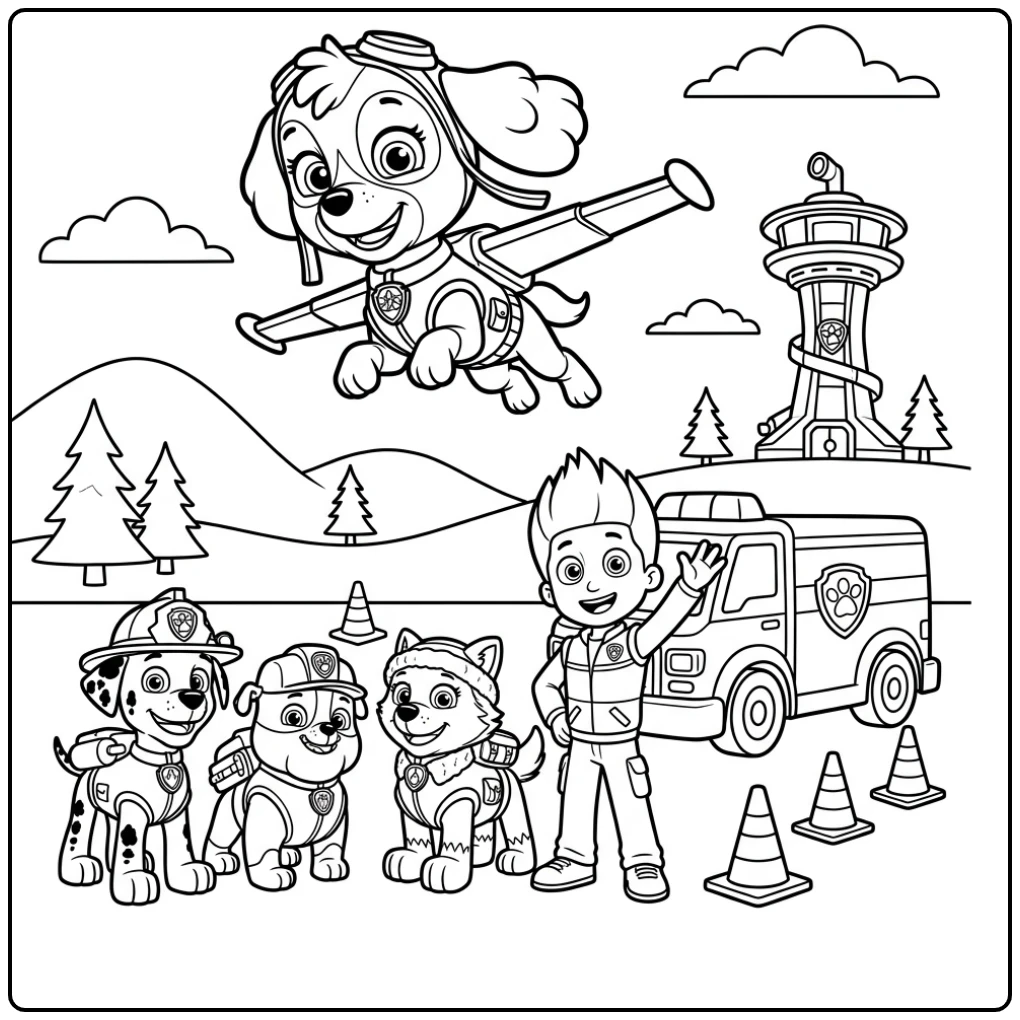 Skye vliegt boven Ryder en het Paw Patrol team - skye paw patrol kleurplaat