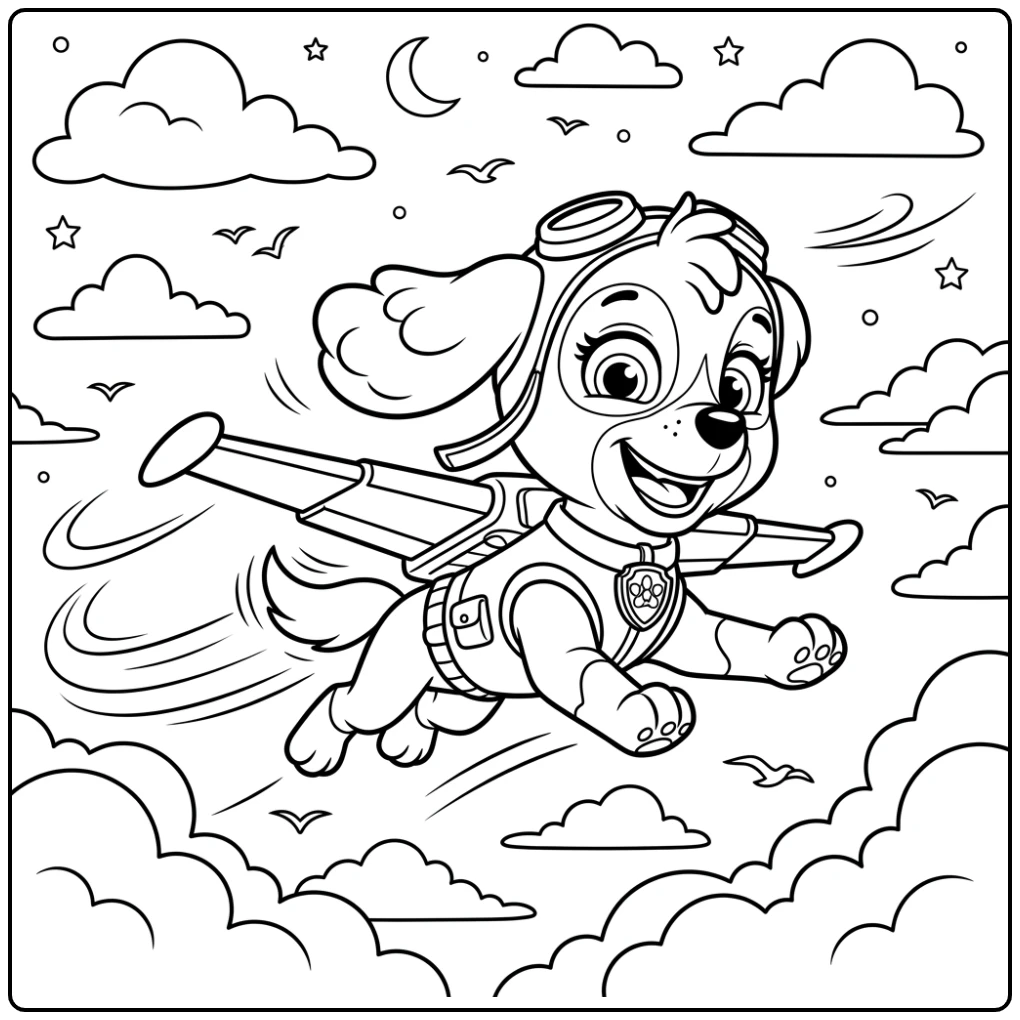 Vliegende Skye Paw Patrol kleurplaat, poten vooruit, vol plezier.