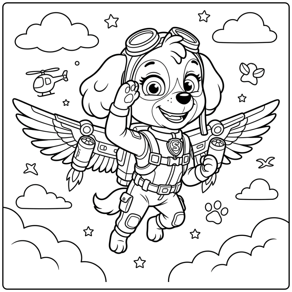 Skye Paw Patrol kleurplaat: Skye zweeft vrolijk groetend in de lucht.