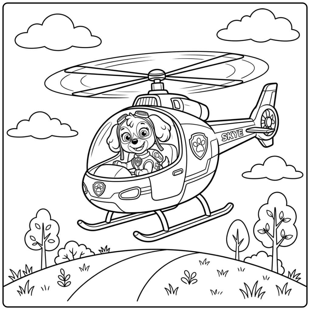 Skye's helikopter patrouilleert; een perfecte paw patrol auto kleurplaat.
