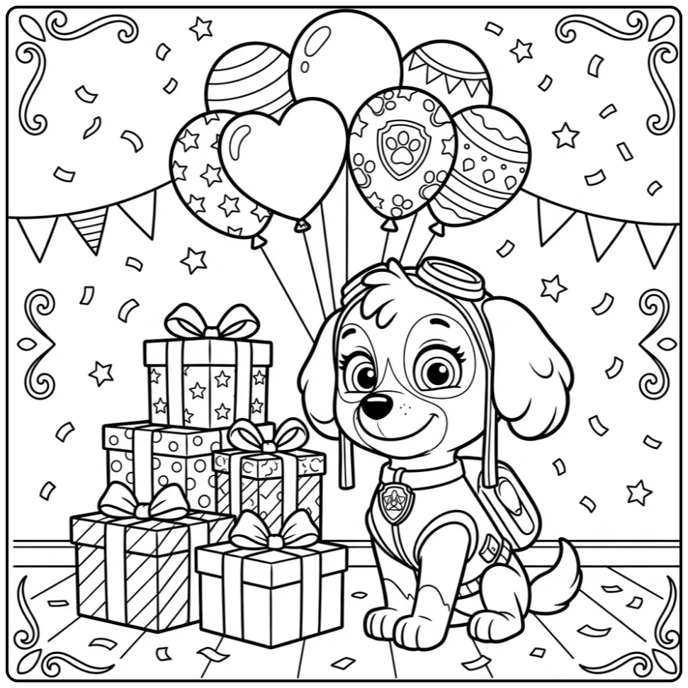 paw patrol kleurplaat verjaardag met Skye, cadeaus en ballonnen.