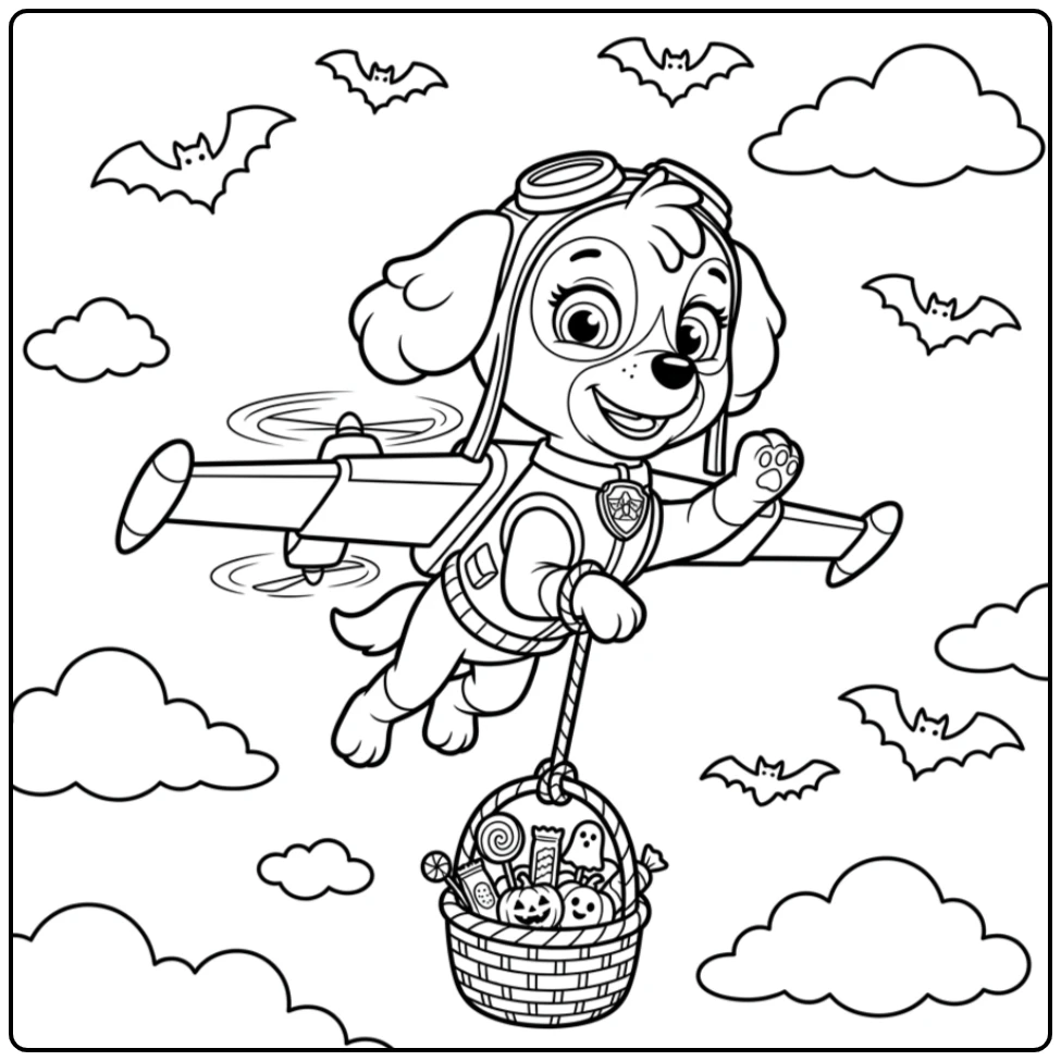 Skye vliegt met snoepjes voor paw patrol halloween kleurplaat
