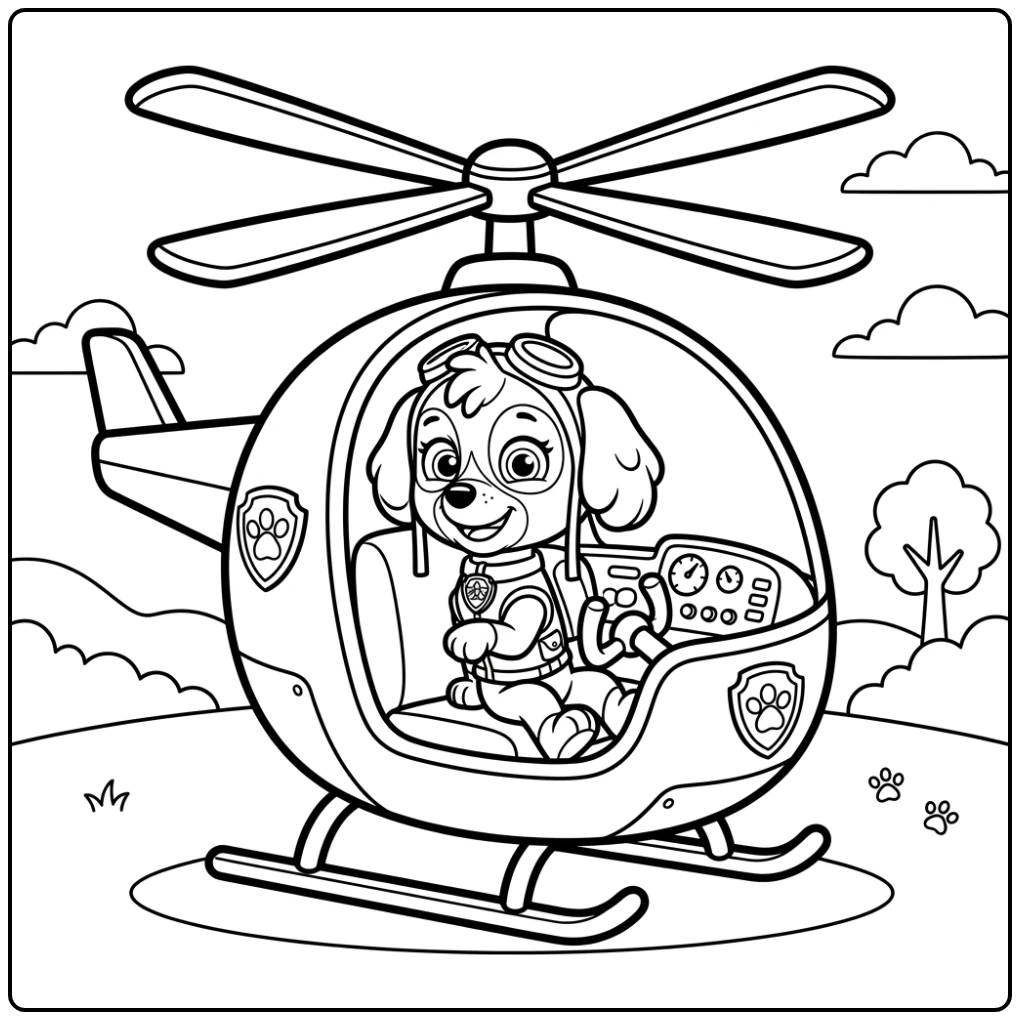 Skye in helikopter cockpit, paw patrol kleurplaat makkelijk voor kids.