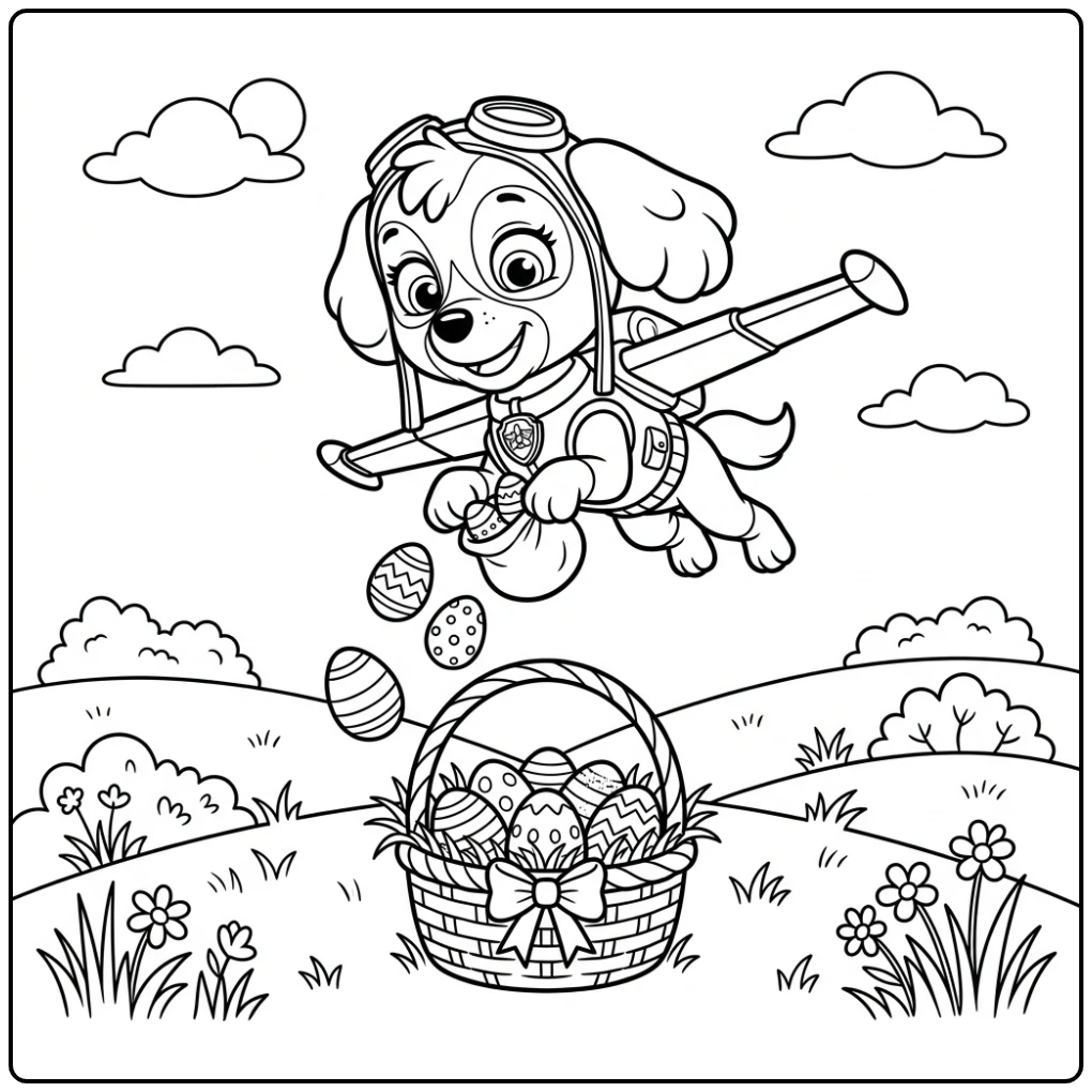 Skye van Paw Patrol dropt paaseieren in mand, kleurplaat paw patrol pasen.