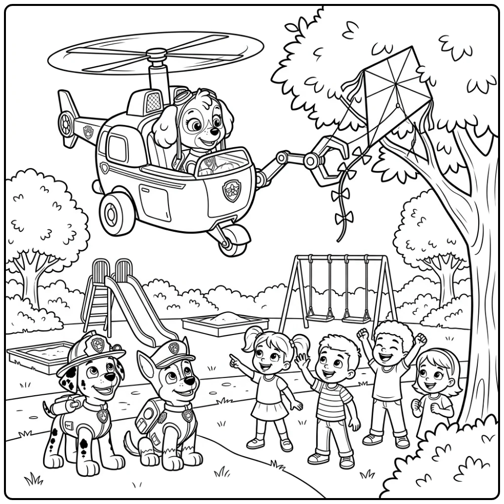 Skye redt vlieger boven speeltuin - skye paw patrol kleurplaat