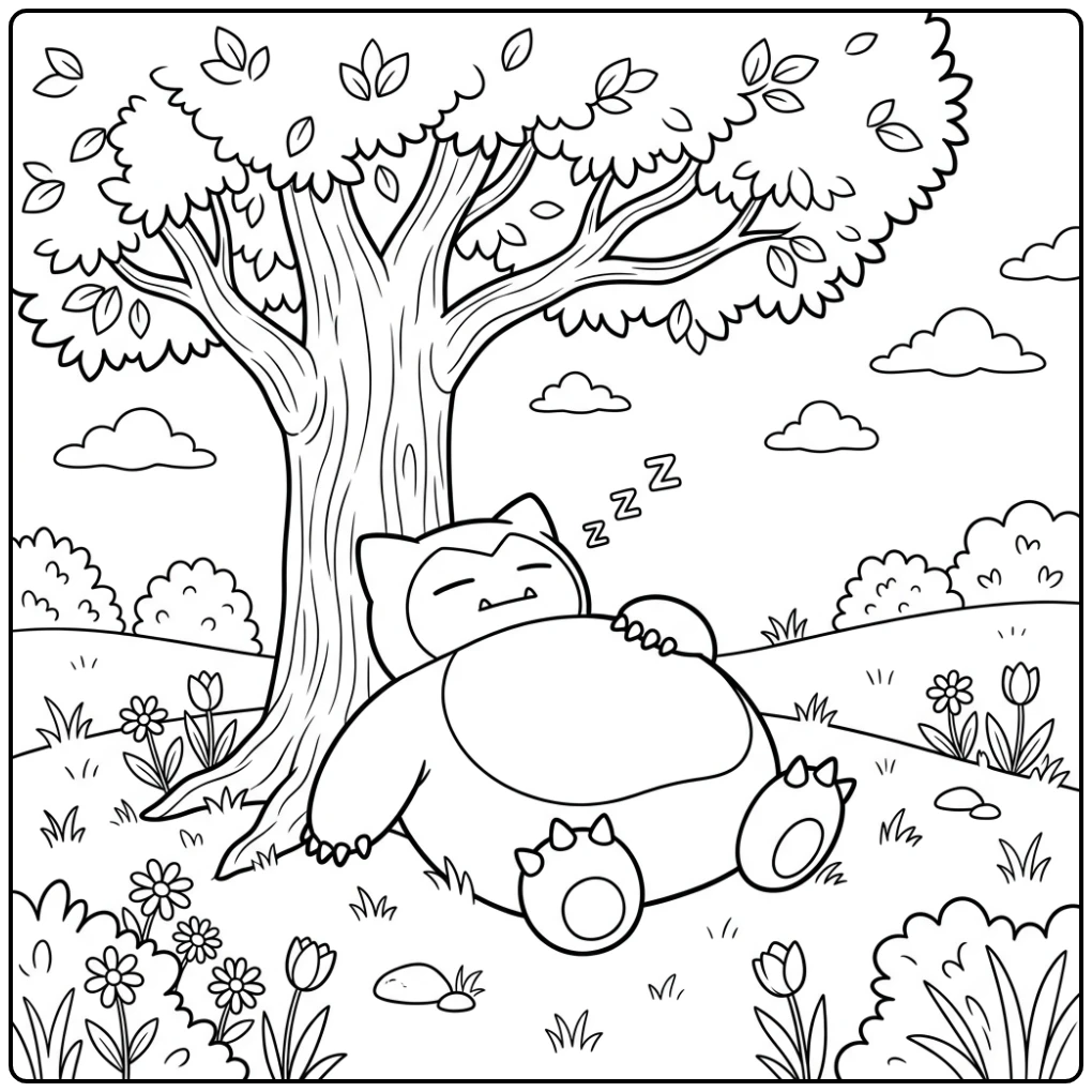 Rustige snorlax kleurplaat van Snorlax slapend onder boom.