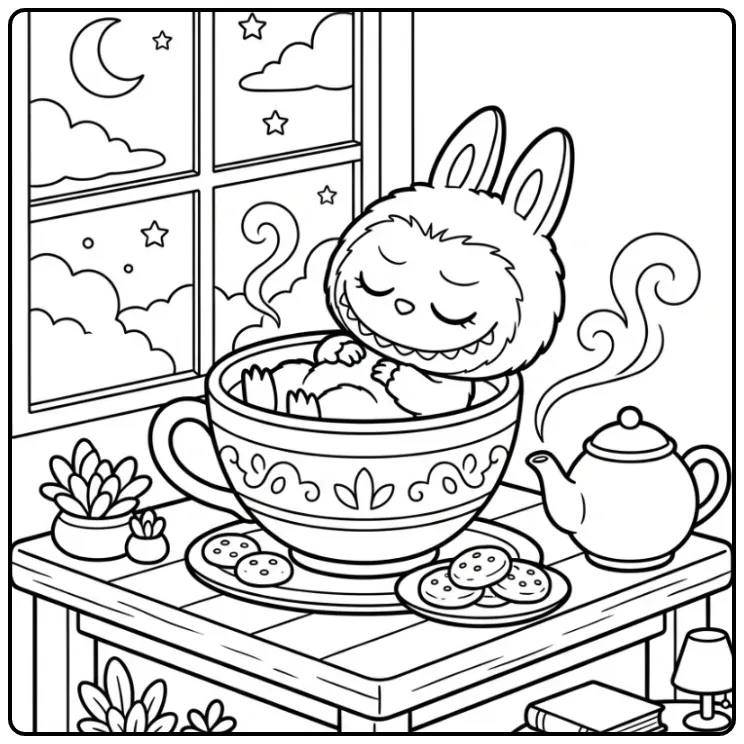 Gezellige labubu kleurplaat met theepot en sterren.