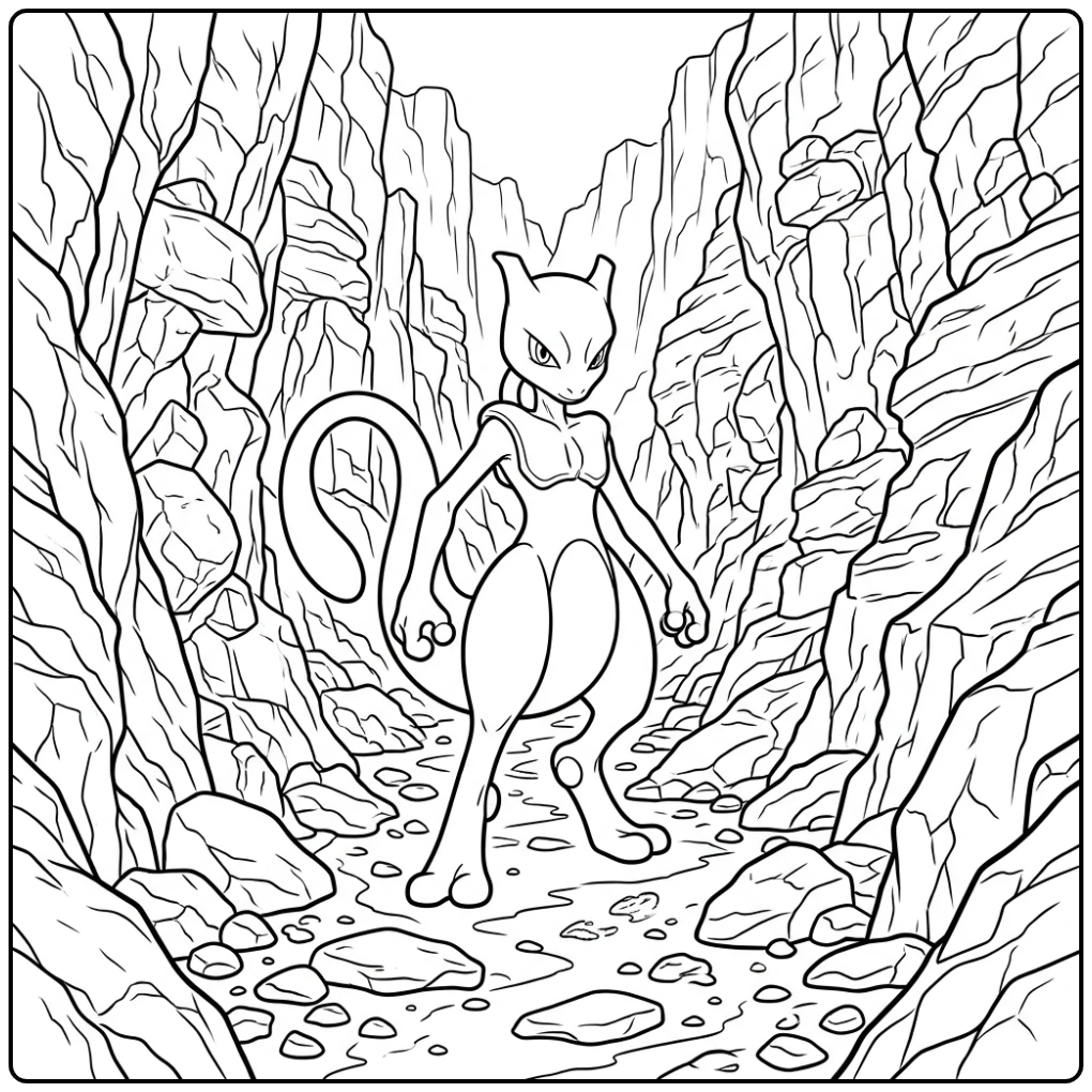 Spannende mewtwo kleurplaat in een smalle rotsachtige kloof.