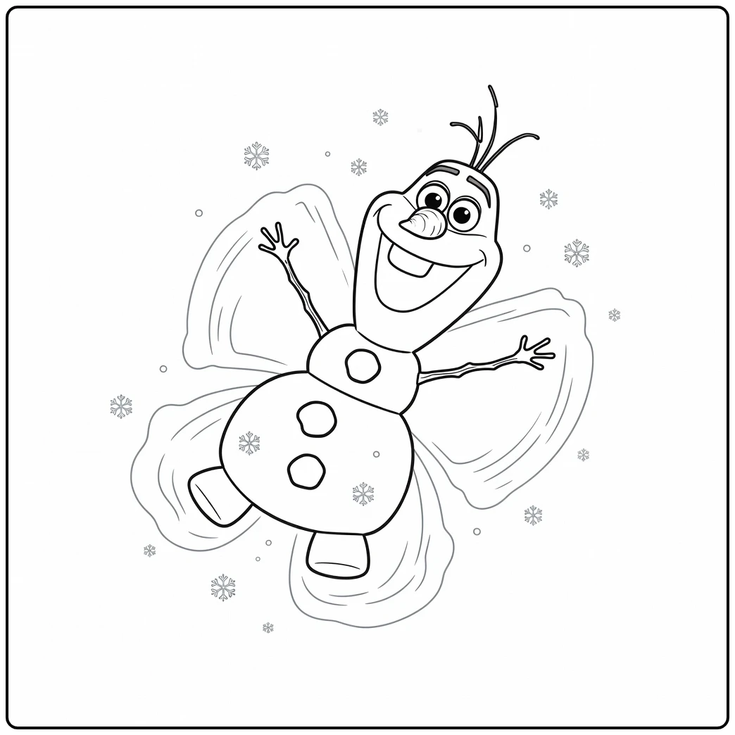 Vrolijke olaf kleurplaat waar hij een sneeuwengel maakt.