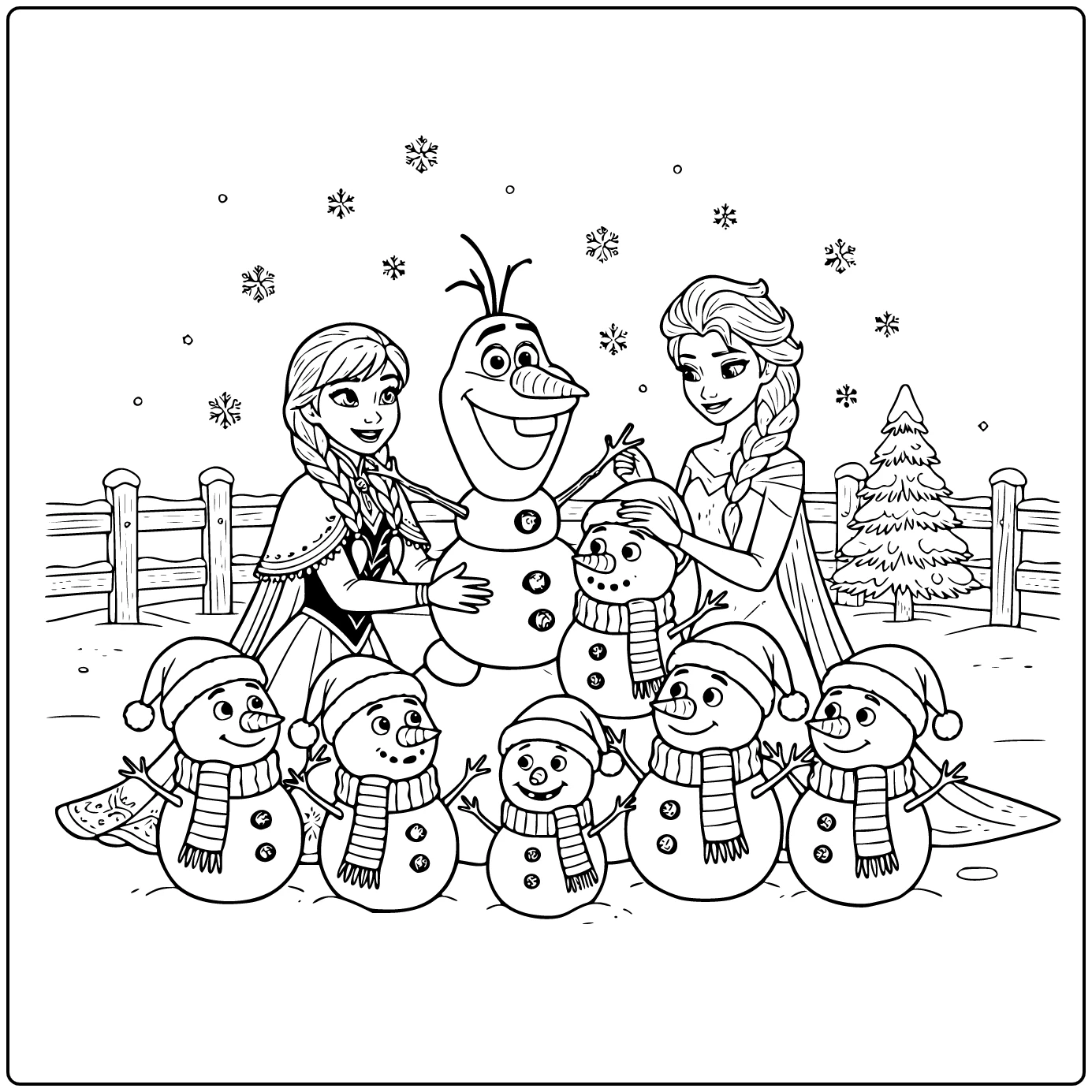 Leuke kleurplaat kerst frozen met Anna, Elsa en Olaf.