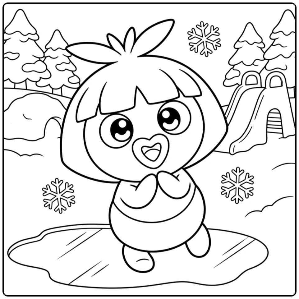 Vrolijke Pokemon Smoochum kleurplaat in de sneeuw.