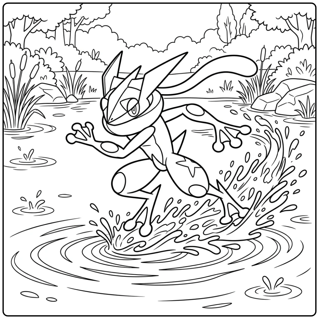 Energieke greninja kleurplaat, ninja racet over wateroppervlak