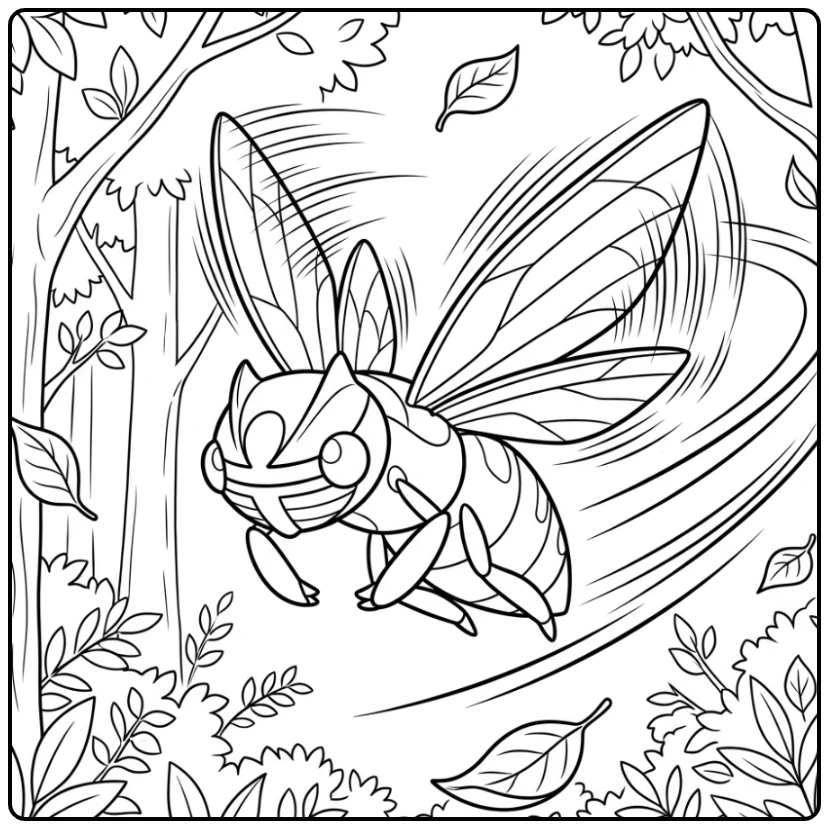 Pokemon Ninjask kleurplaat in snelle vlucht met bladeren.